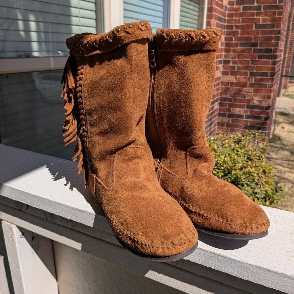 MINNETONKA Suede Leather Fringe Boots - Side-Zip